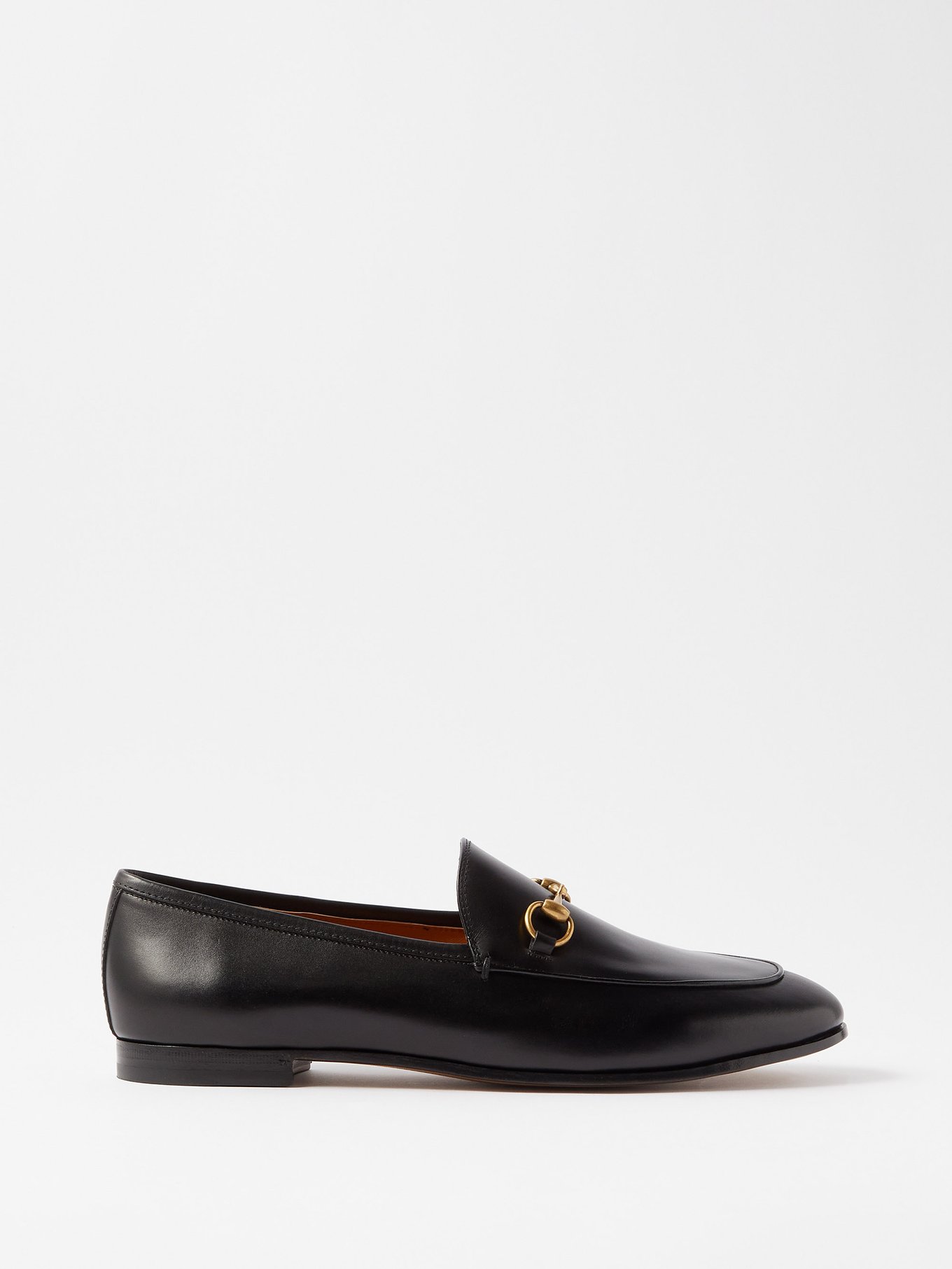 GUCCI Jordaan Loafers Flats Size 36 EU Black Horsebit Logo Gold Dress Shoes