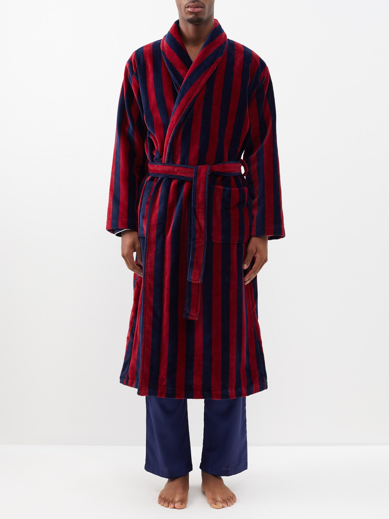 Red Triton belted striped cotton-blend velour robe