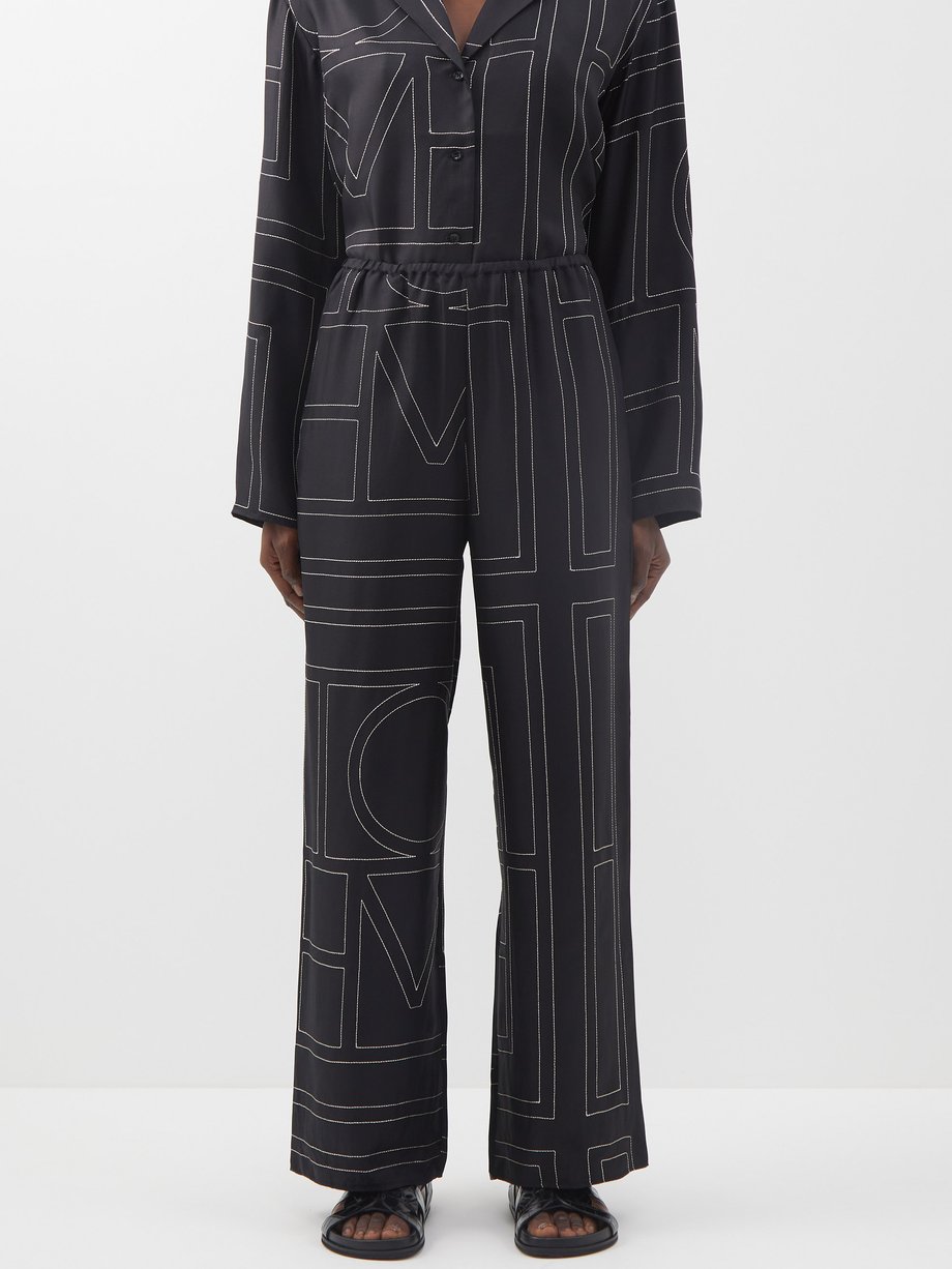 Toteme Monogram-embroidered silk-twill pyjama trousers