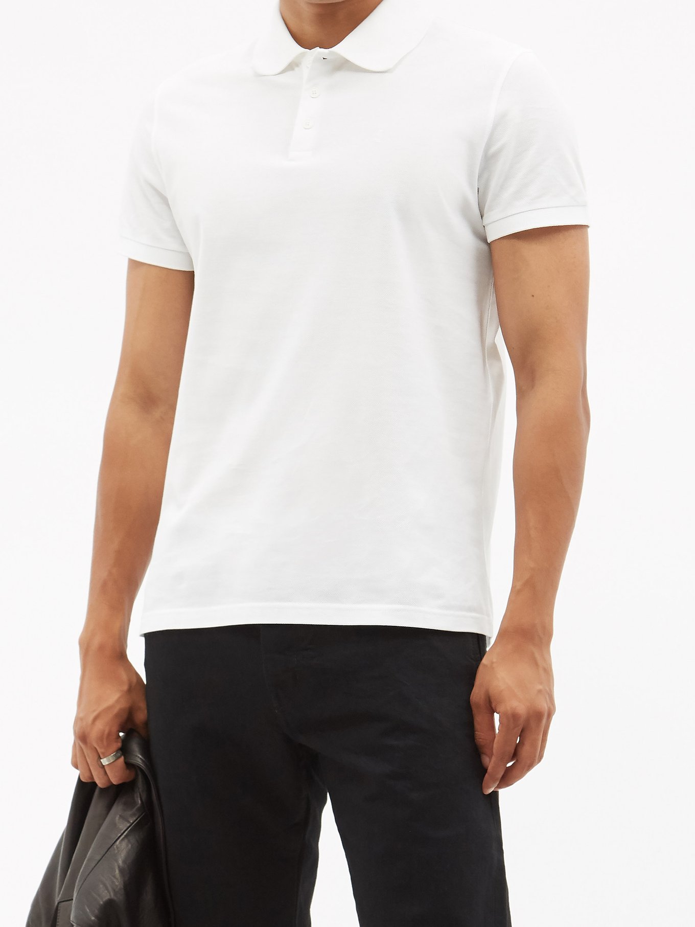 SAINT LAURENT PARIS Solid White Pique Cotton Polo Shirt XL Slim Fit