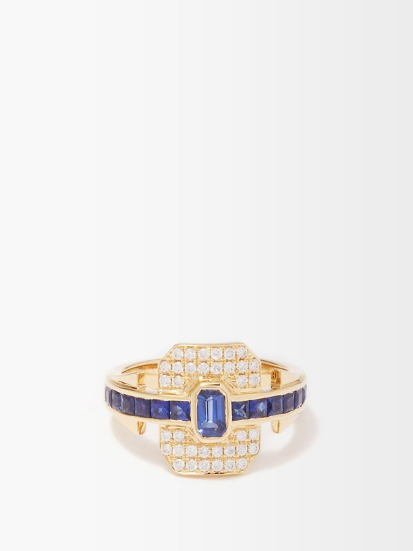 Rainbow K Shield diamond, sapphire & 18kt gold ring