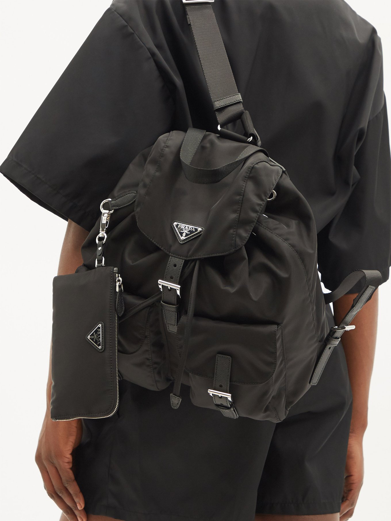 Prada Re-Nylon Black Nylon and Saffiano Large Crossbody Tote Bag