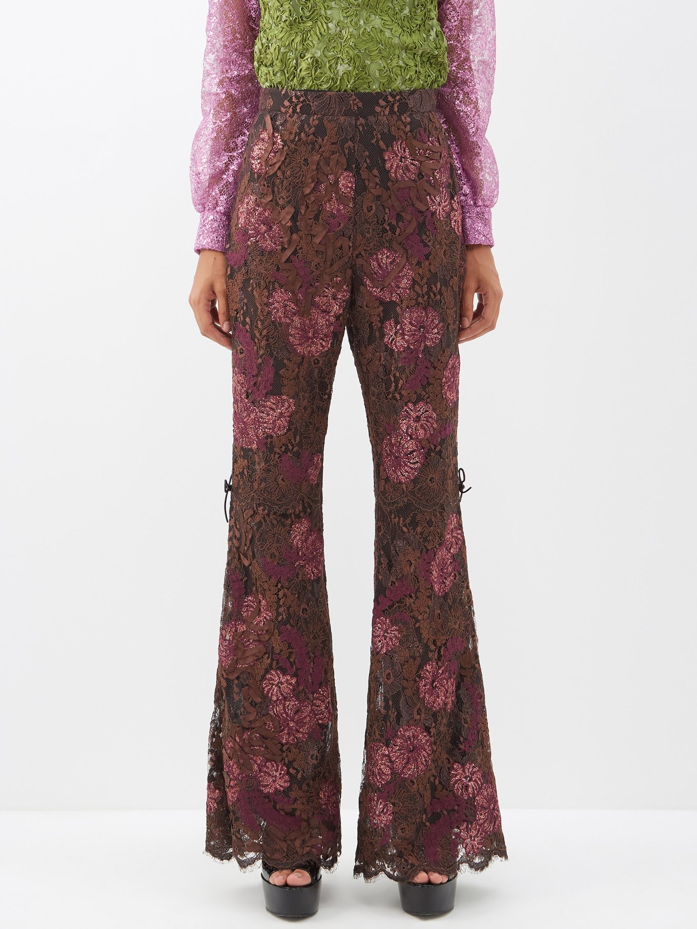 Cotton Blend Floral Lace Flared Trousers