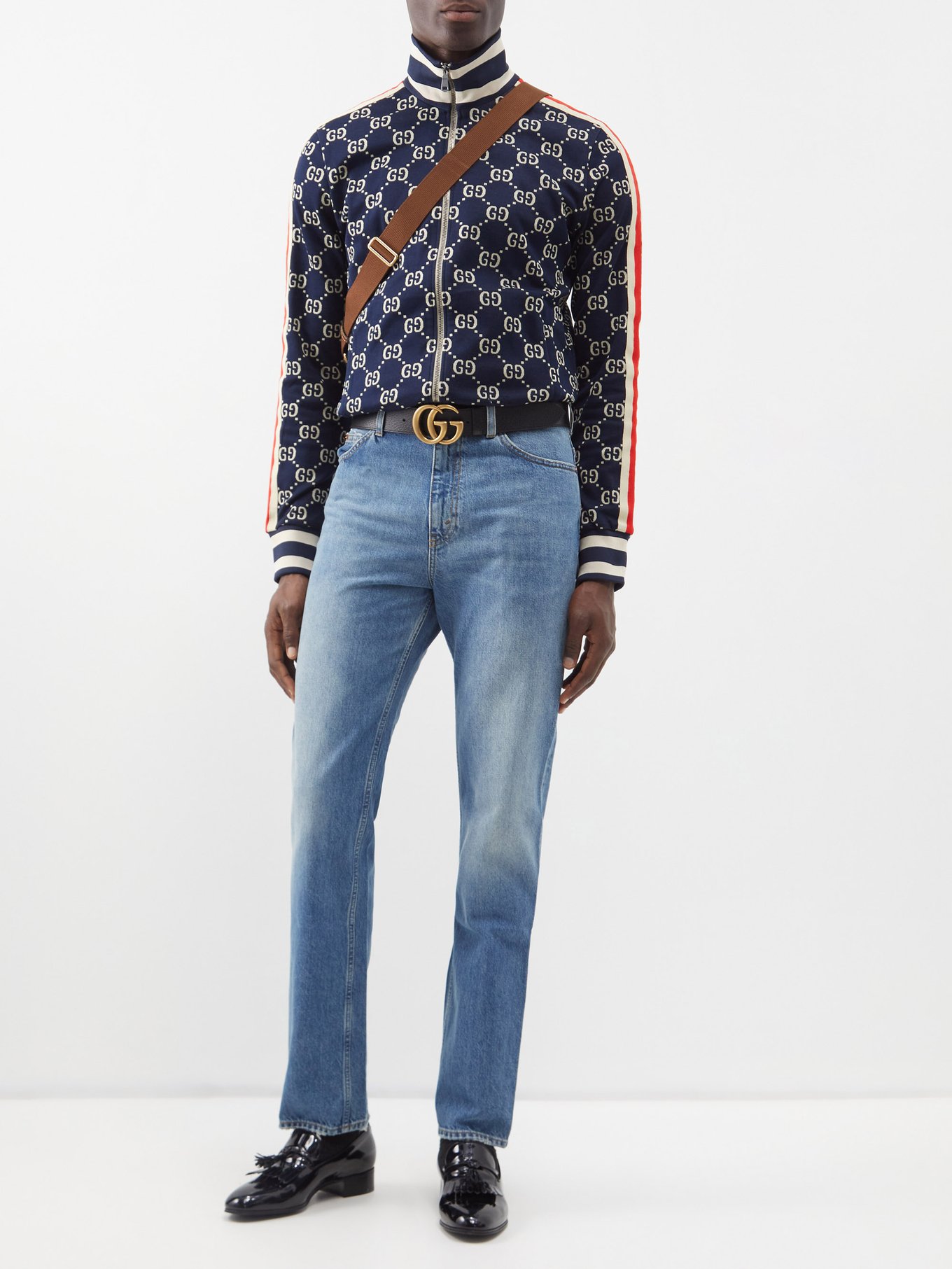 Blue GG-jacquard organic-denim straight-leg jeans, Gucci