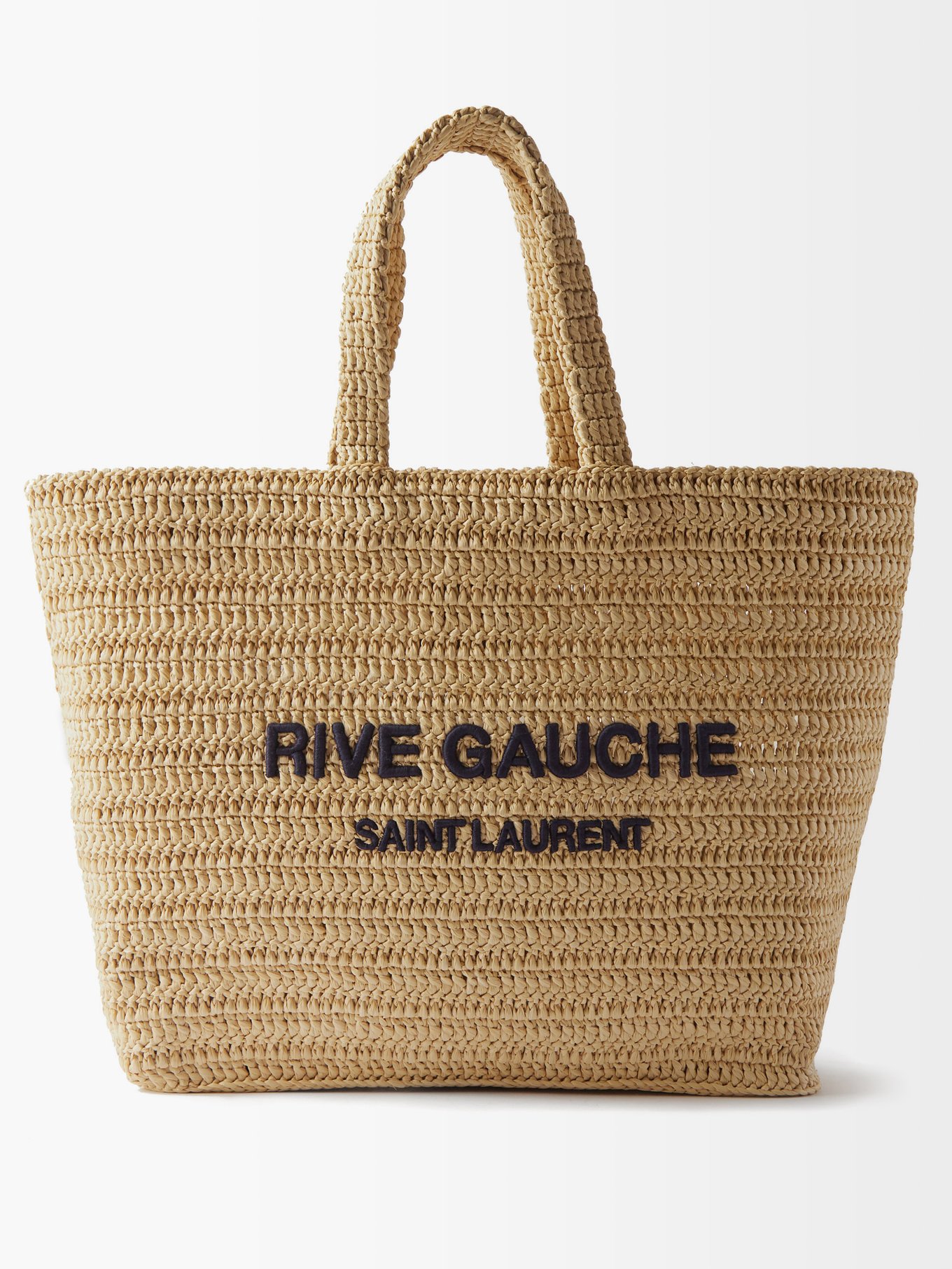 Beige Rive Gauche logo-embroidered raffia tote bag, Saint Laurent