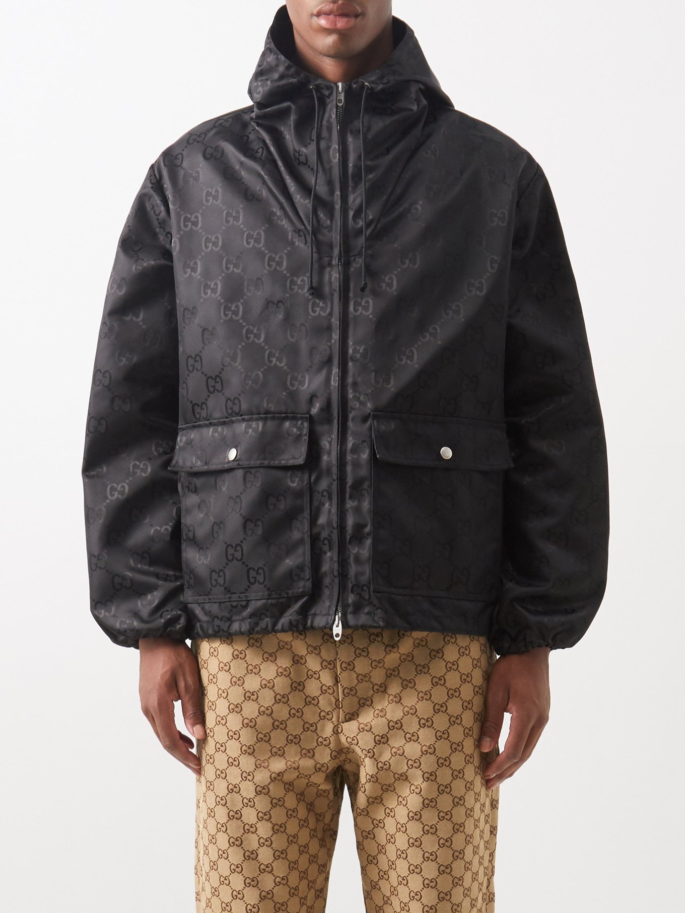 Black GG-jacquard canvas hooded jacket, Gucci