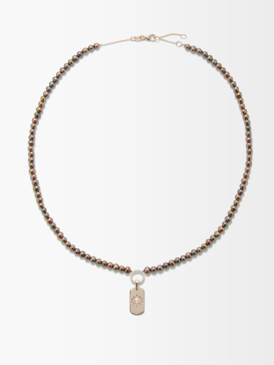 Diane Kordas Evil Eye diamond, pearl & 14kt rose-gold necklace
