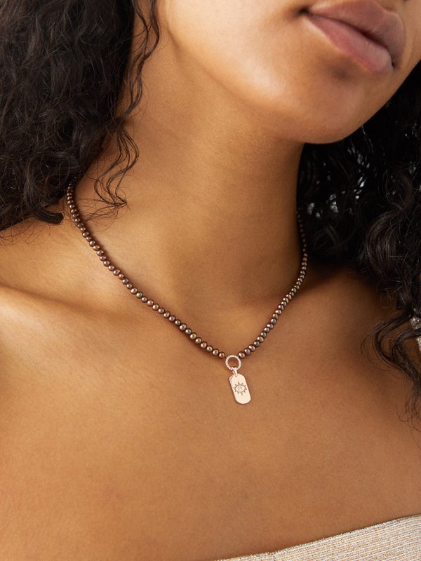 Diane Kordas Evil Eye diamond, pearl & 14kt rose-gold necklace