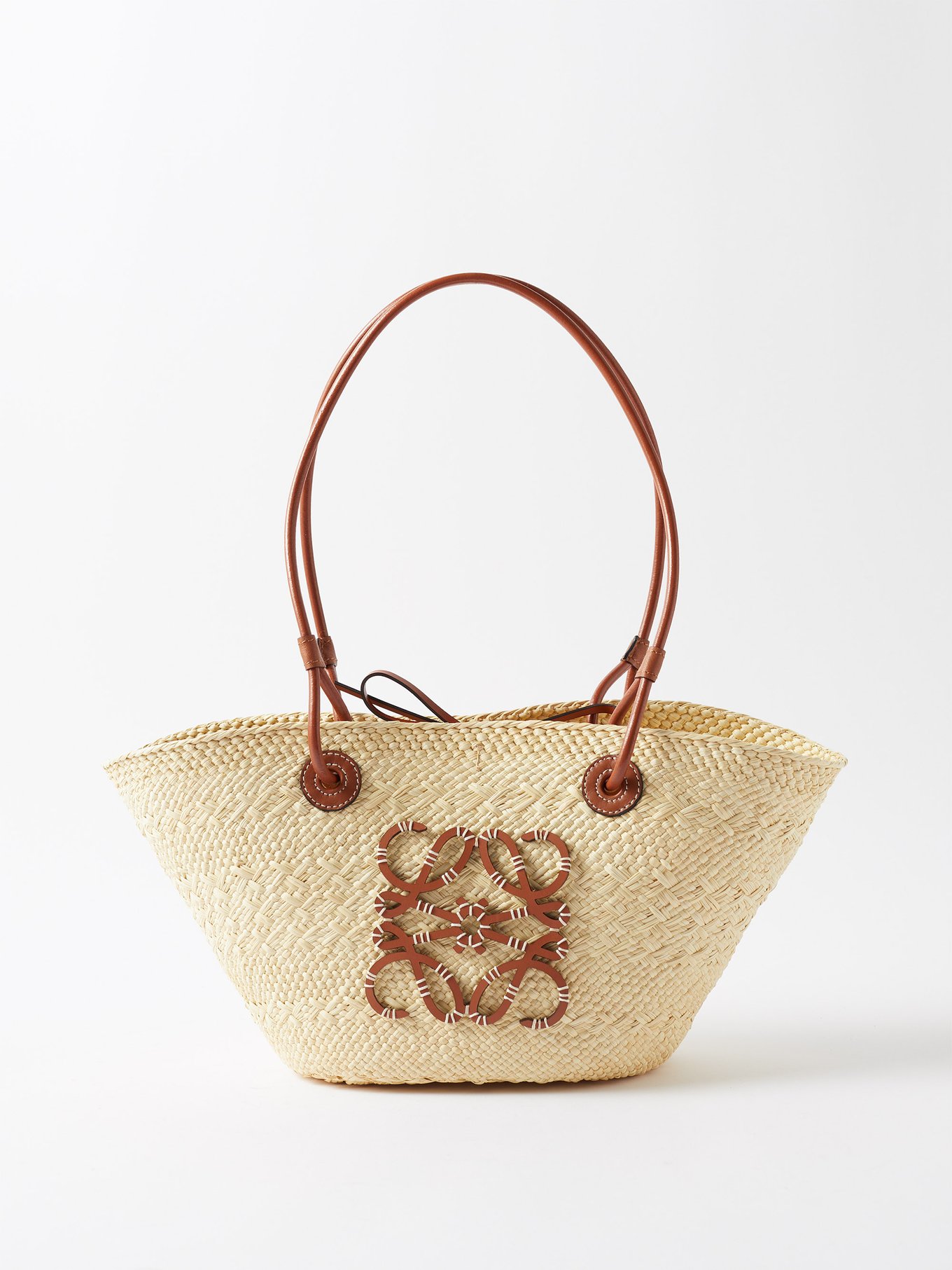 Beige Anagram small leather-trimmed woven basket bag, LOEWE