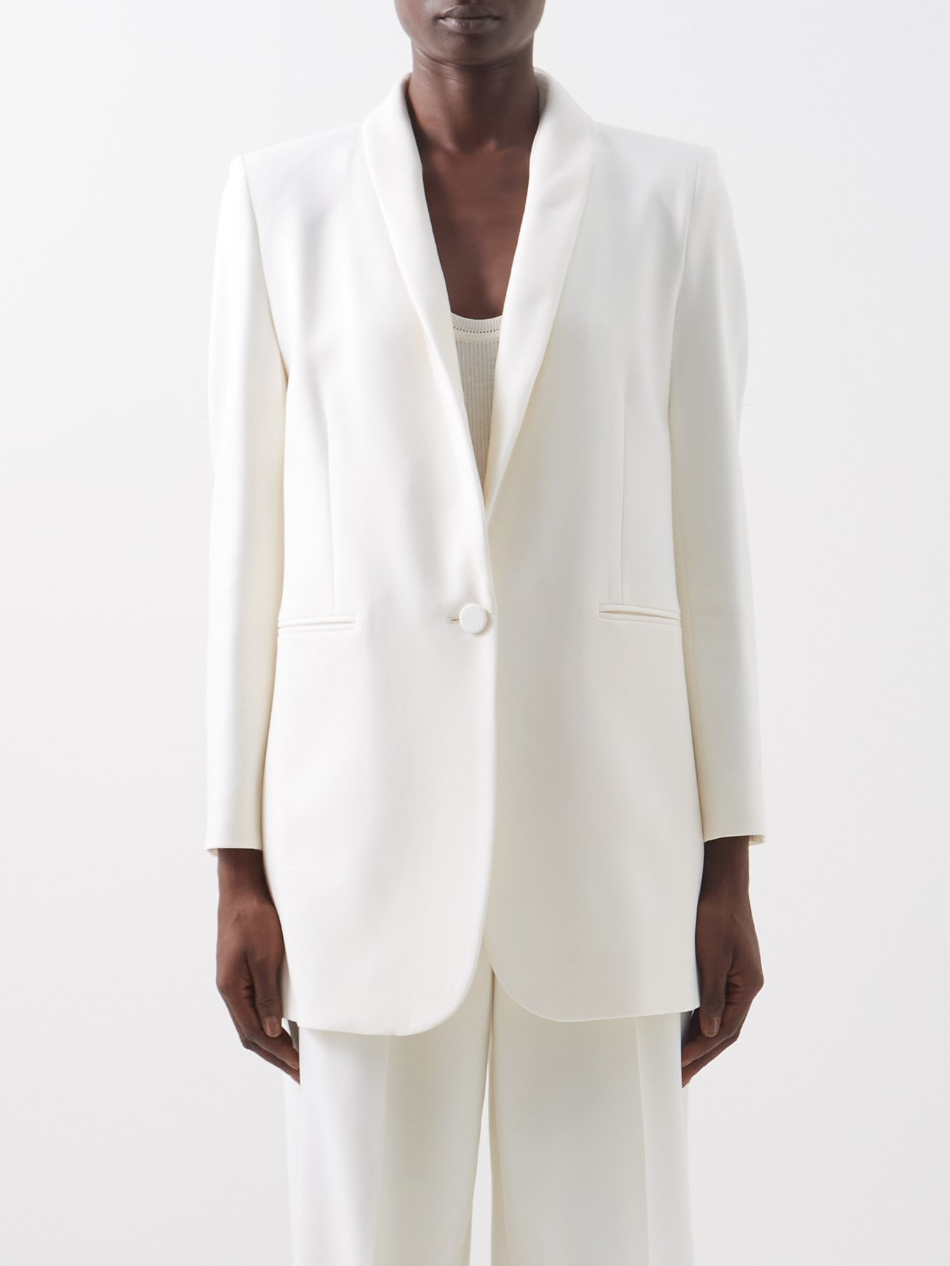 White linen 3-button midi Skirt Suit with shawl lapels