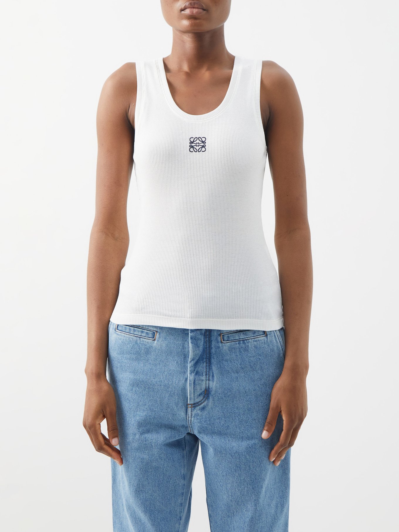 Loewe Cropped Embroidered Ribbed Stretch-cotton Jersey Tank - Women - White Tops - XS