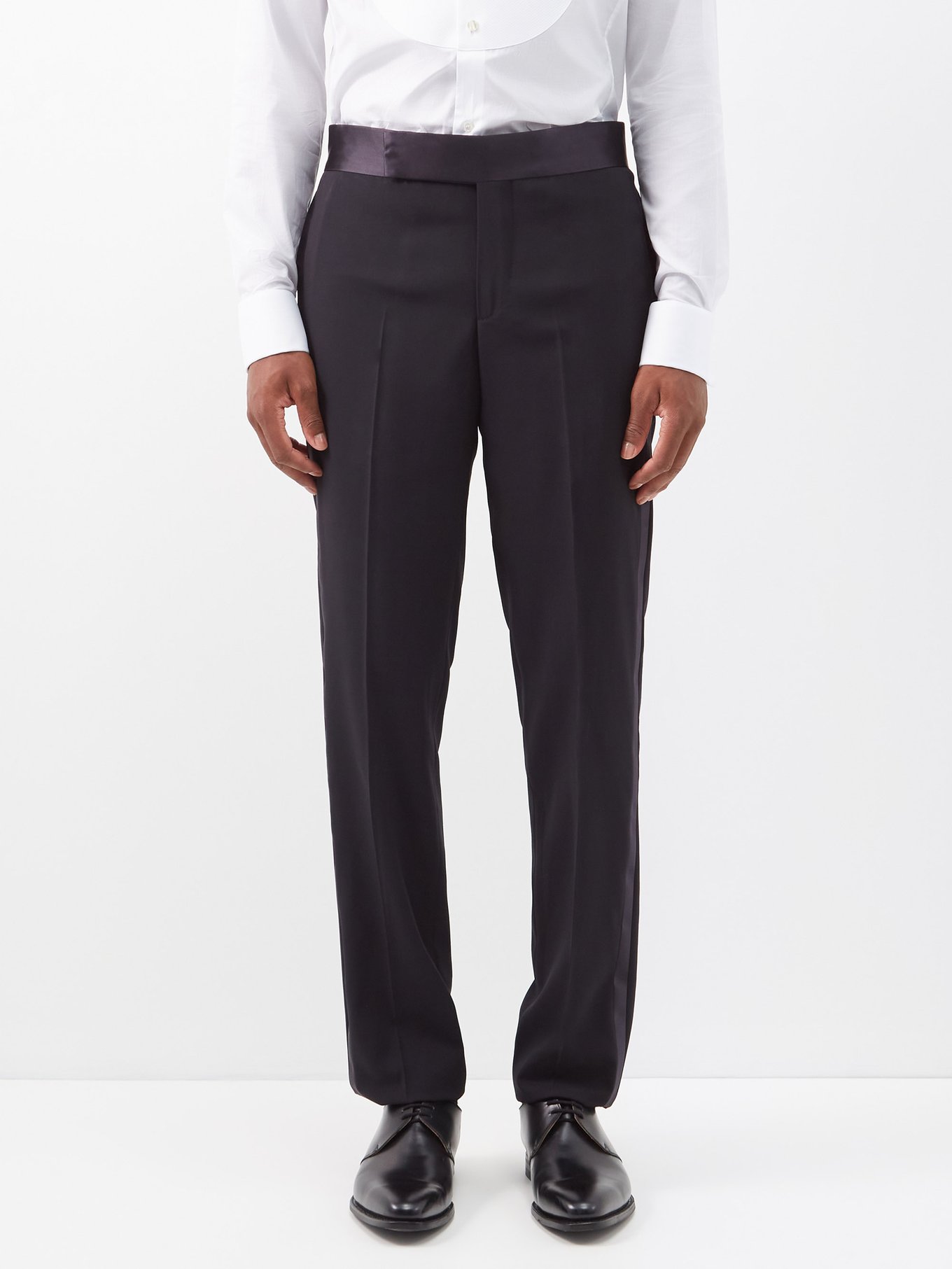 Satin-waistband wool-crepe tuxedo trousers video