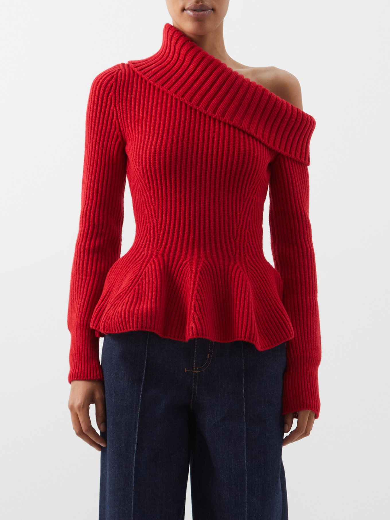 Red Off-the-shoulder wool-blend peplum sweater Alexander McQueen | MATCHESFASHION US