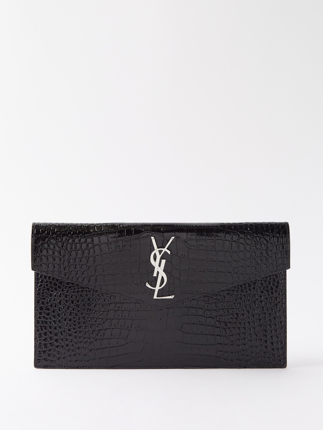 Saint Laurent Monogram Key Pouch In Crocodile Embossed Leather in