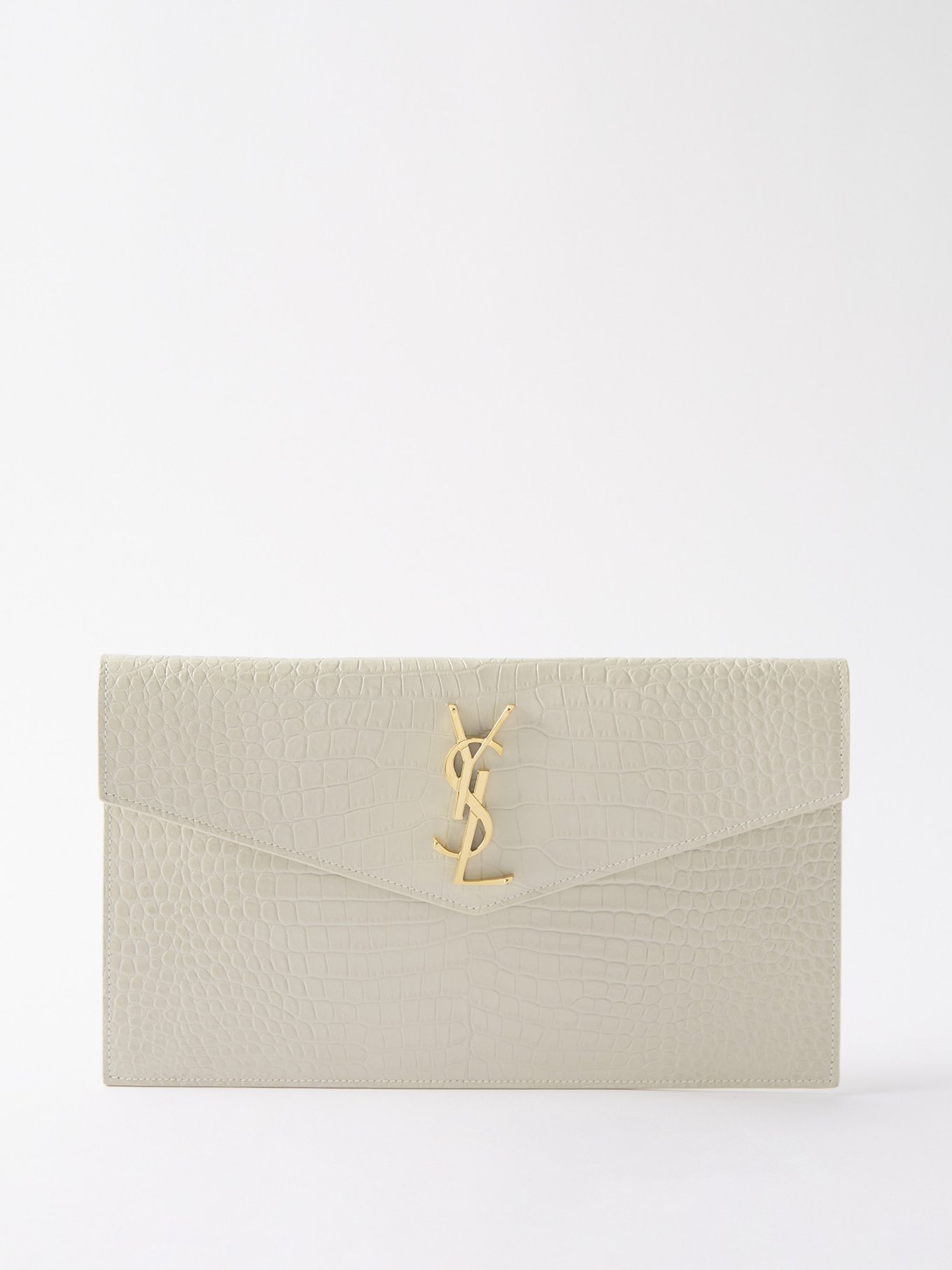 Saint Laurent Uptown Ysl-plaque Croc-effect Leather Pouch in White