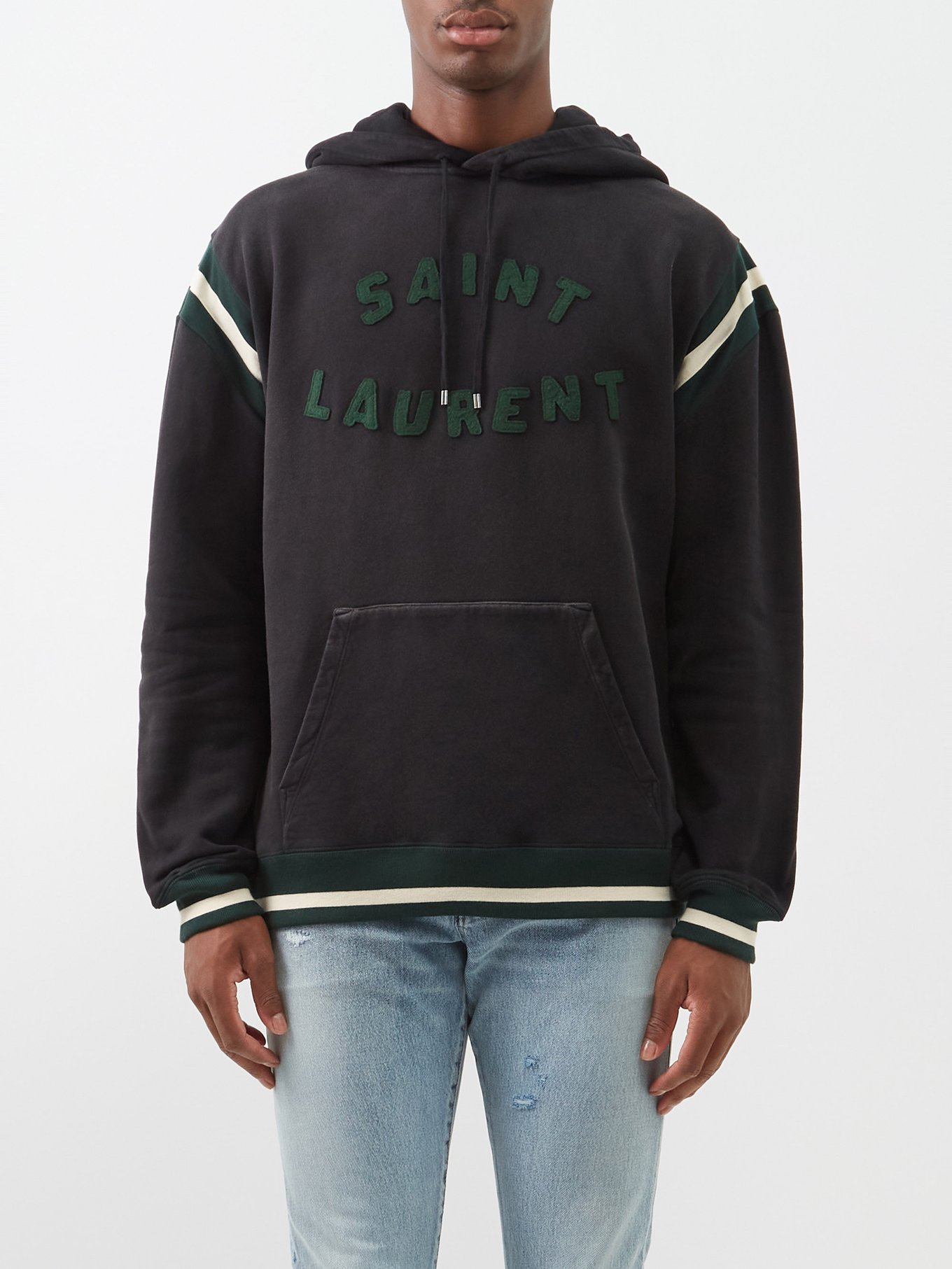 Saint Laurent logo-patch Cotton Hoodie - Black