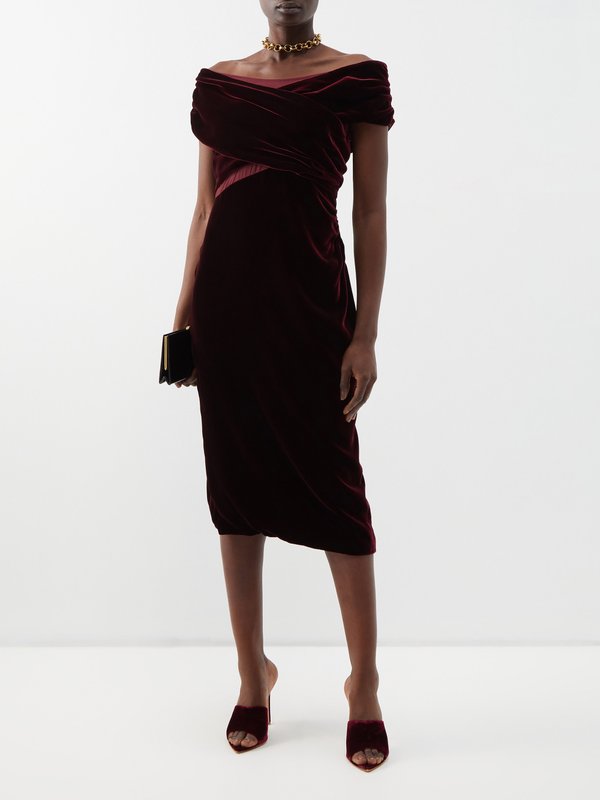 Tom Ford Mesh-panelled off-the-shoulder velvet midi dress