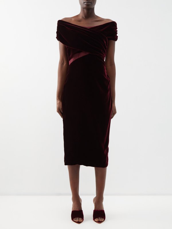 Tom Ford Mesh-panelled off-the-shoulder velvet midi dress
