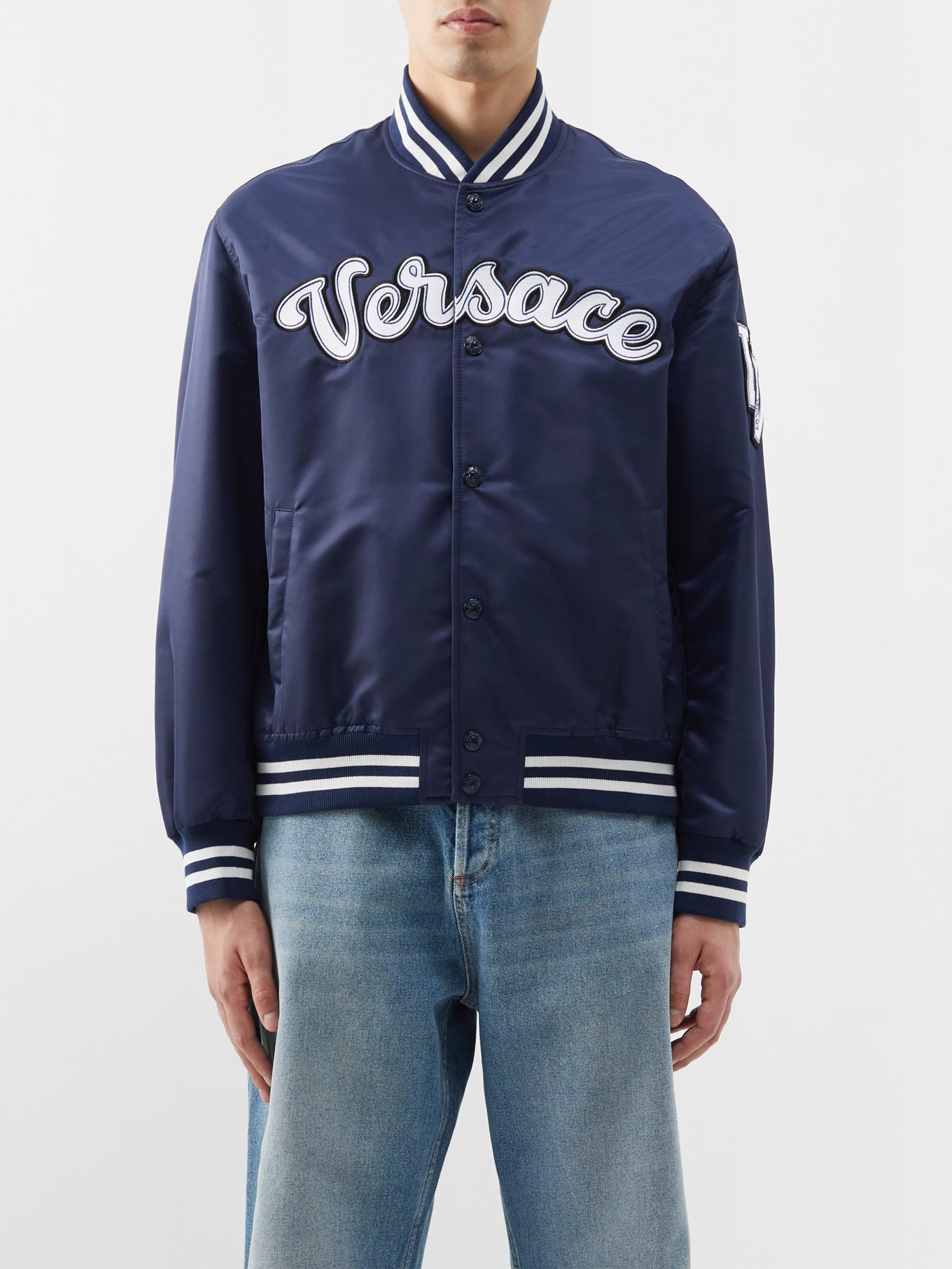 Logo-appliquéd varsity bomber jacket | Versace