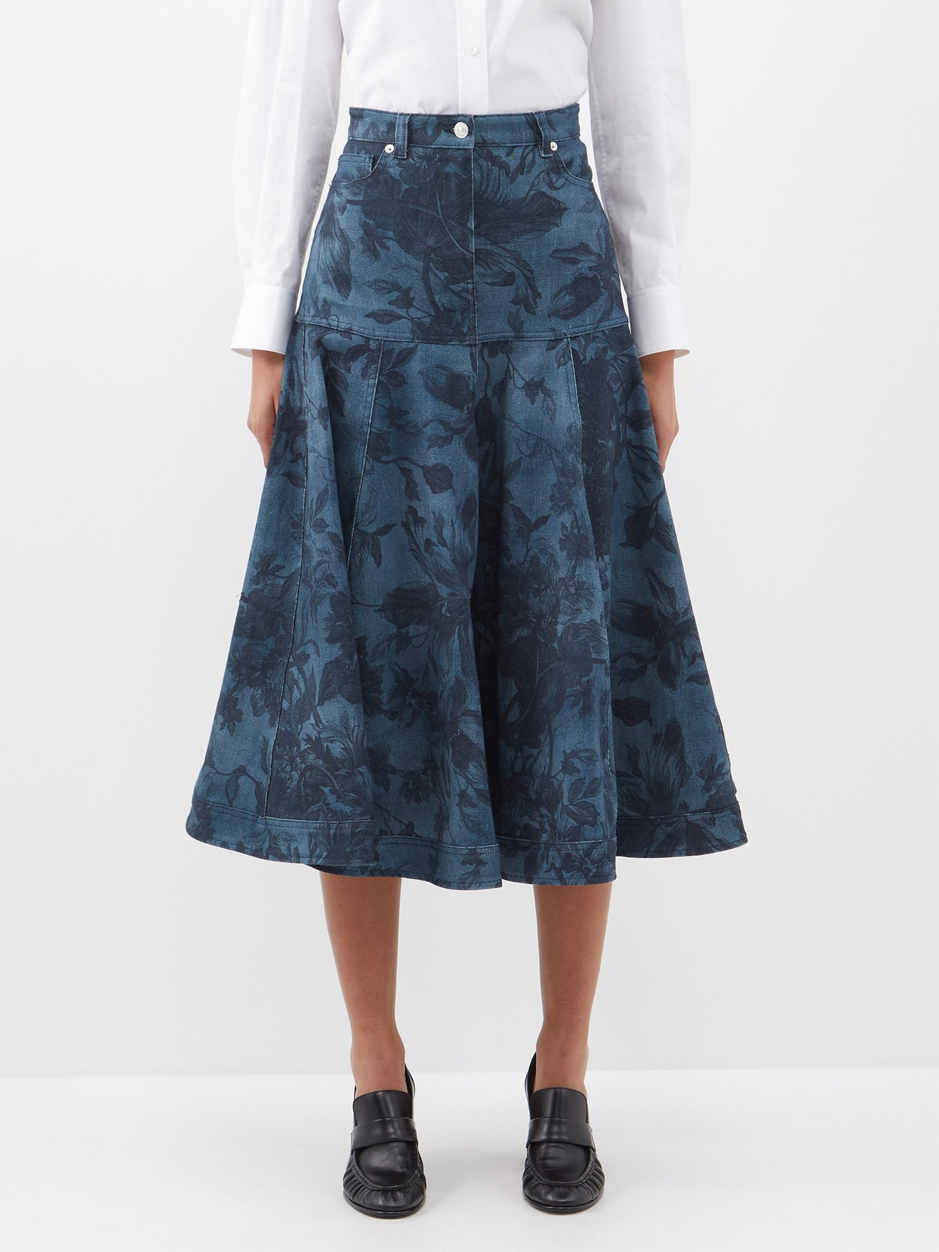 Lacey floral-print denim fluted midi skirt | Erdem