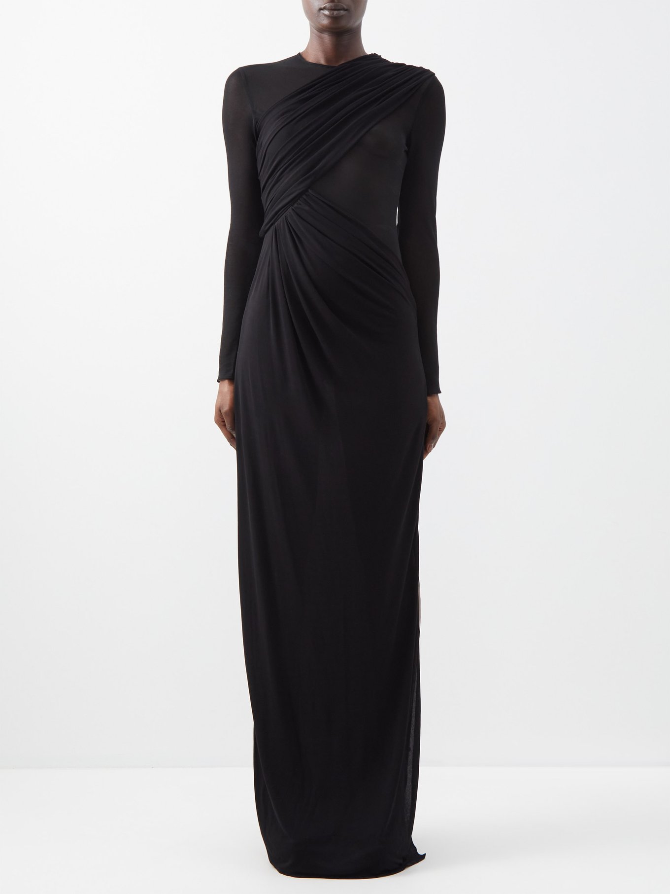 Stori Long Sleeve Sheer Layered Maxi Dress in Black