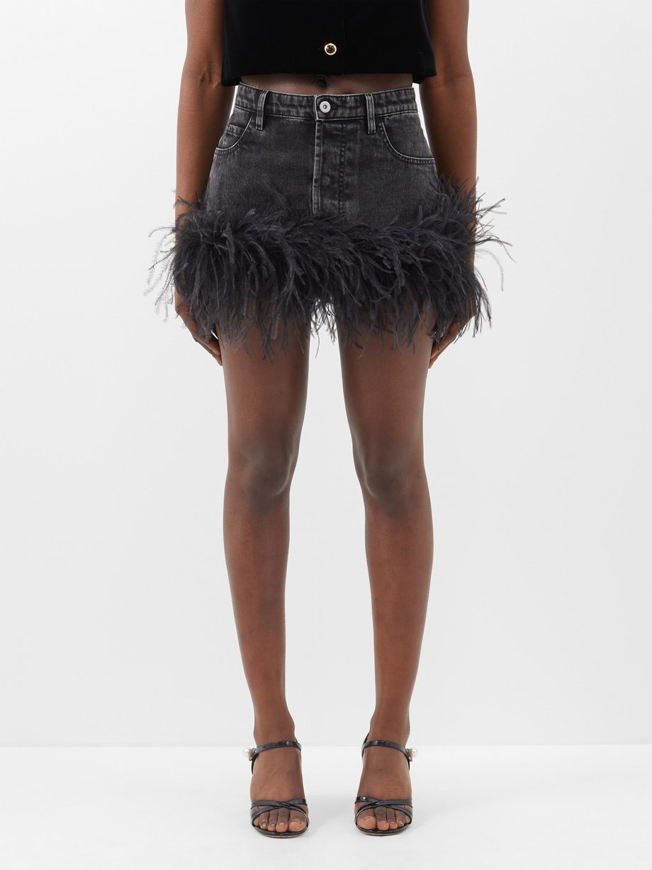 Miu Miu Feather-trim denim mini skirt