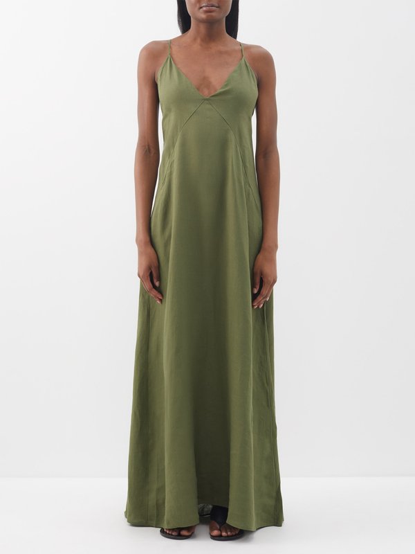 Another Tomorrow Plunge-neck organic-linen maxi dress