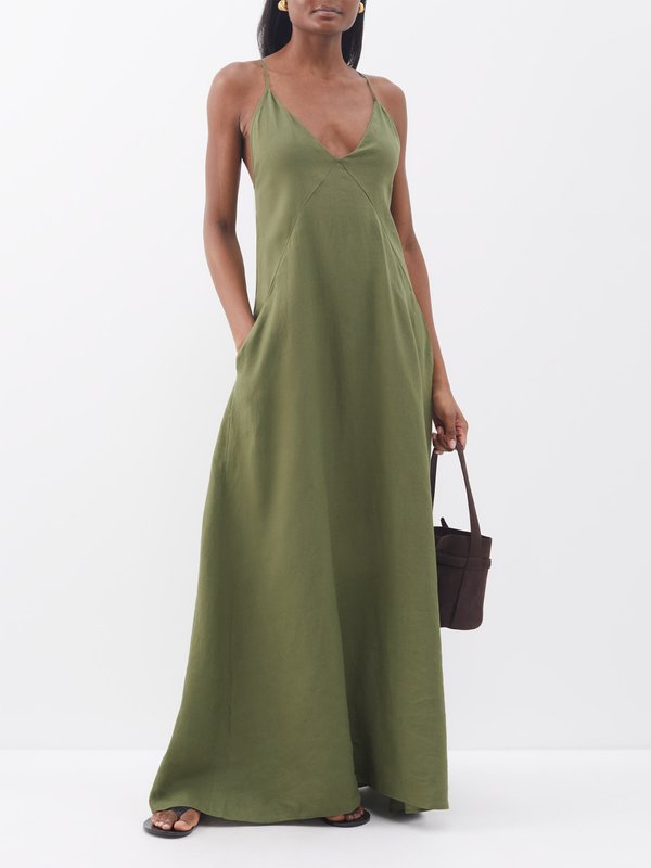 Another Tomorrow Plunge-neck organic-linen maxi dress
