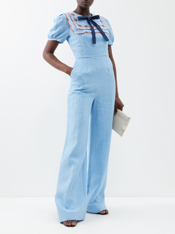 Saloni Marlow shell-embroidered linen jumpsuit