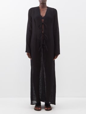 Le Kasha Dehmit tie-front organic-linen maxi dress