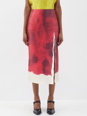 Prada Paint-print thigh-slit satin skirt