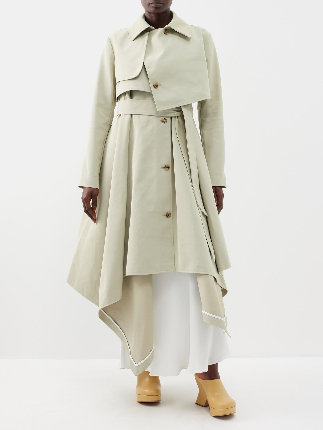 Asymmetric draped twill trench coat | A.W.A.K.E. Mode
