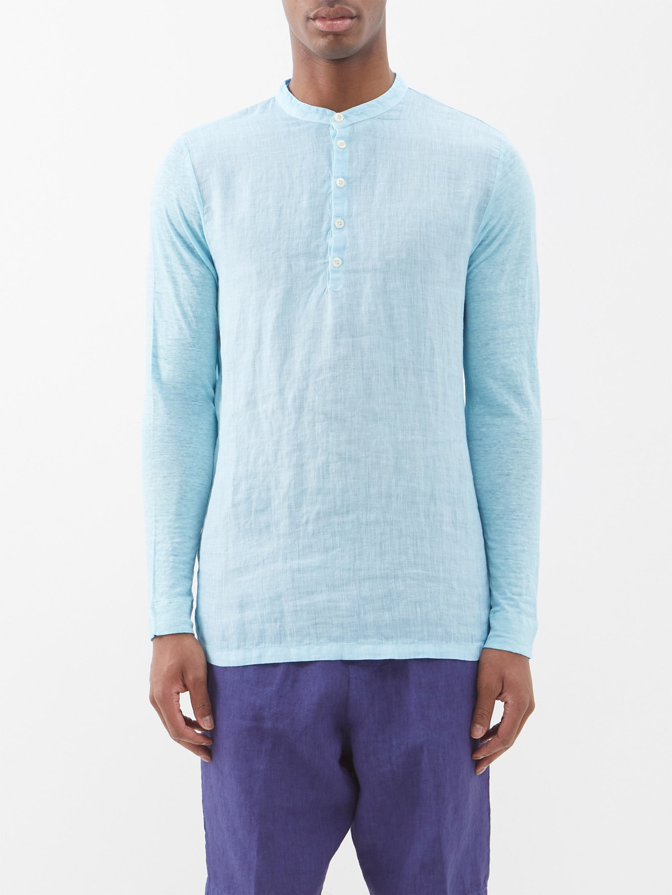 Blue Long-sleeved linen Henley top, 120% Lino