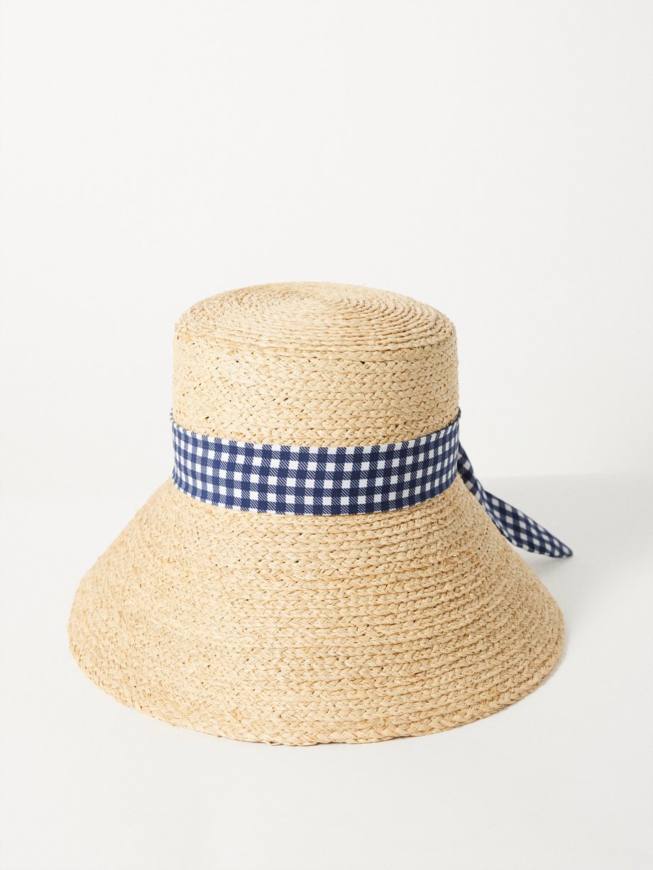 Miu Miu Gingham-trim raffia bucket hat