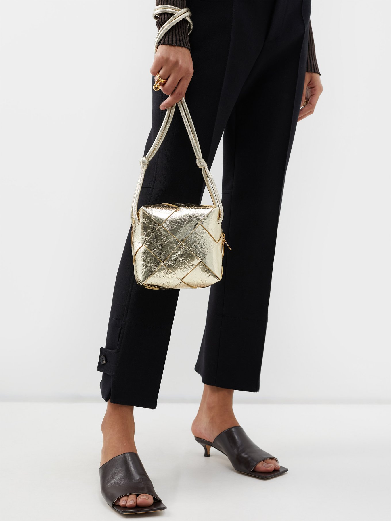 Bottega Veneta Travertine Gold Cassette Mini Leather Shoulder Bag