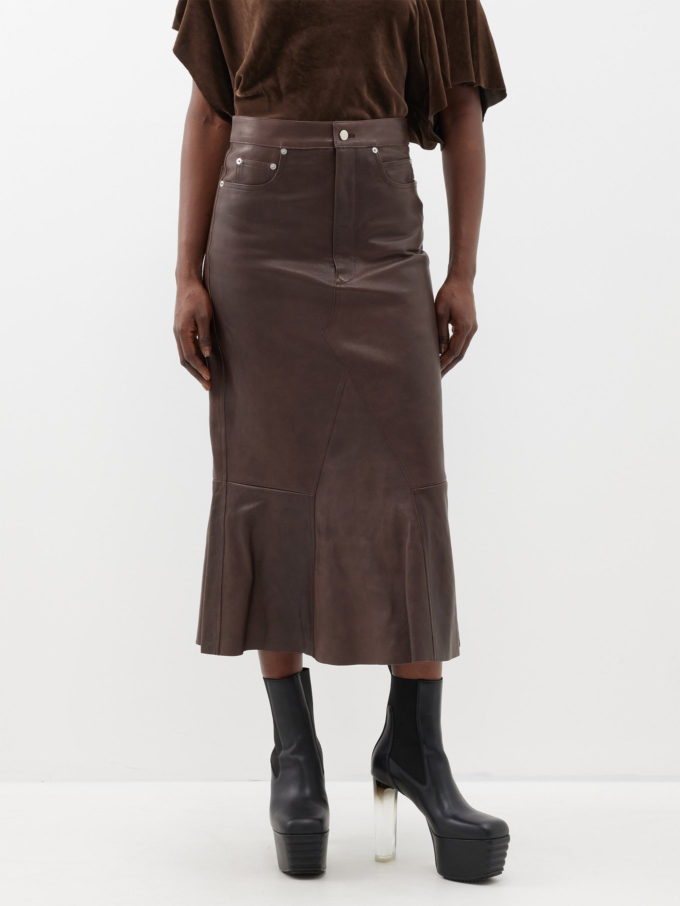 Brown Francesca high-rise leather midi skirt, Ulla Johnson