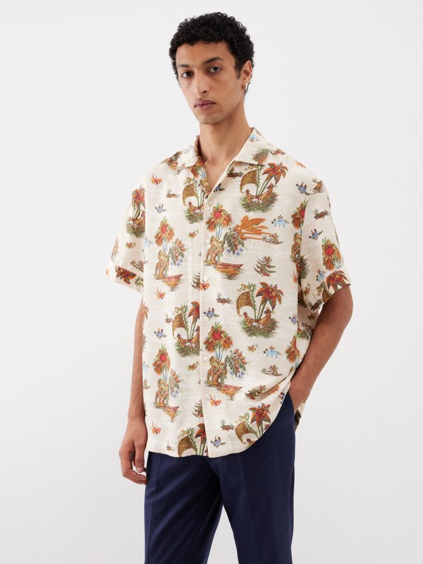 Etro Island-print silk bowling shirt