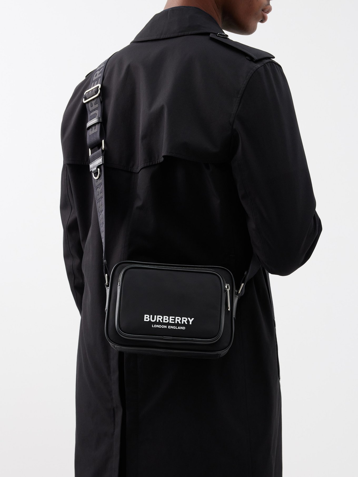Black white Logo-print leather-trim nylon cross-body bag, Burberry
