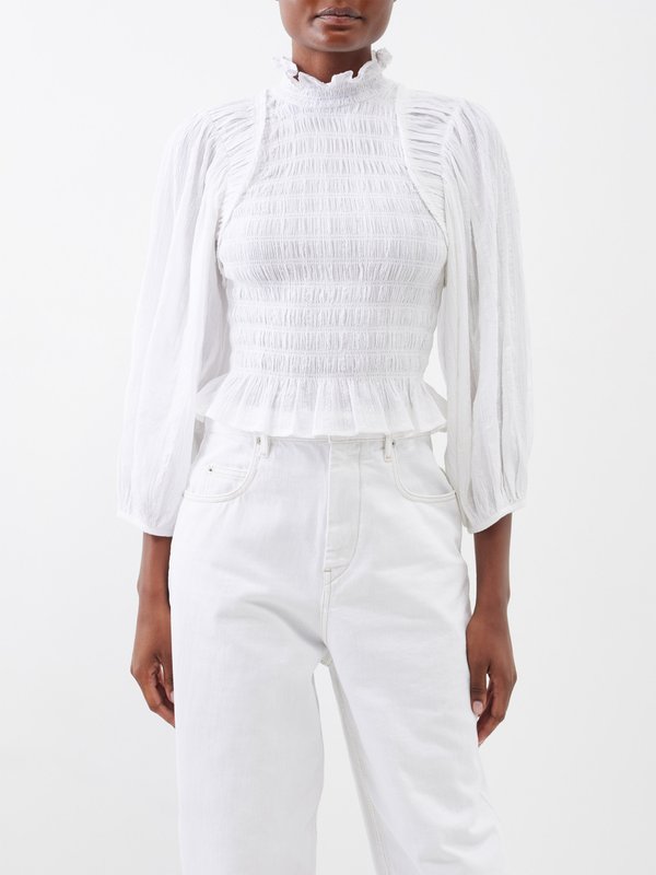 Marant Etoile Idris ruffle-collar smocked cotton-blend blouse