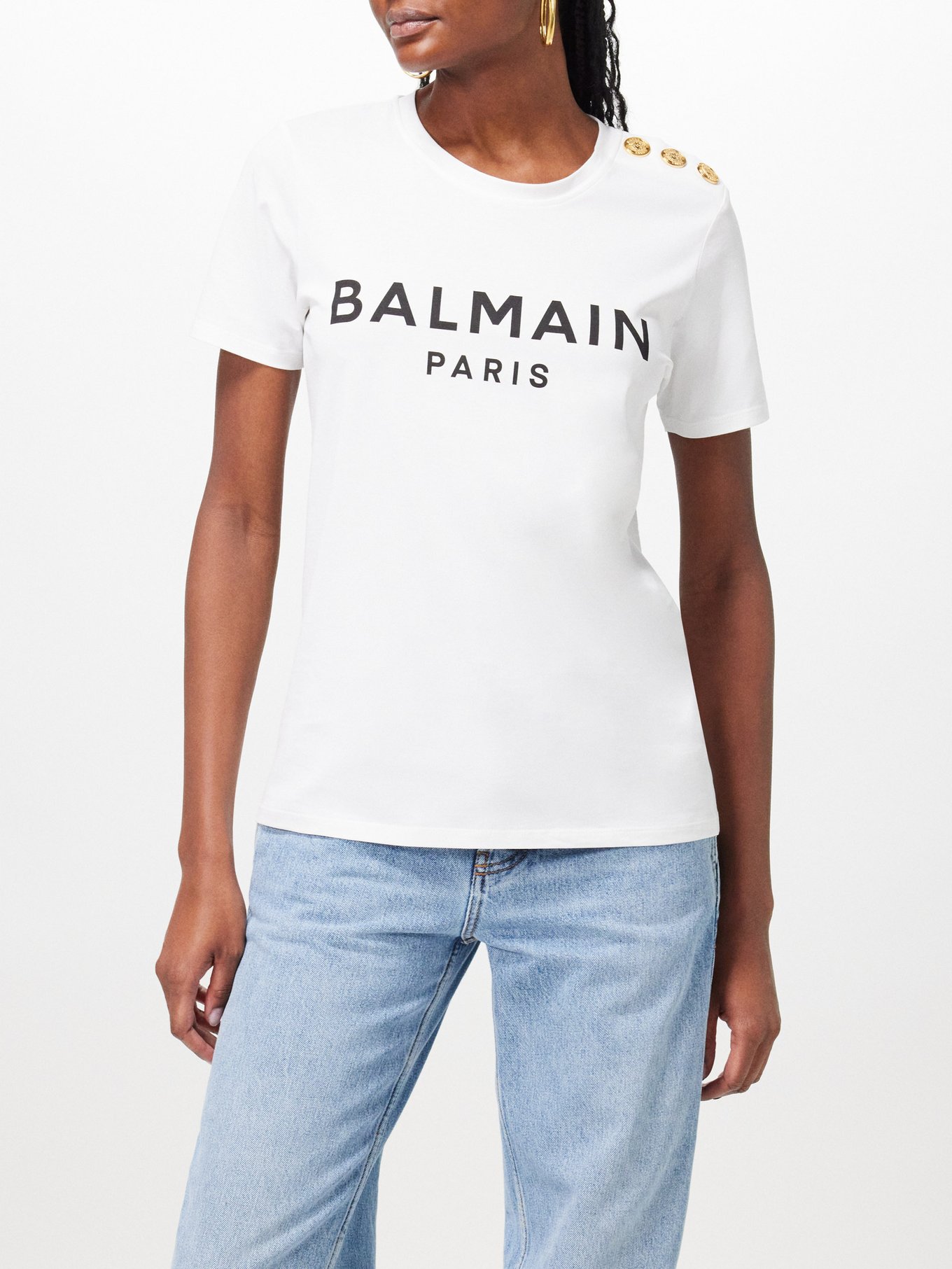 White Button-shoulder logo-print cotton T-shirt, Balmain