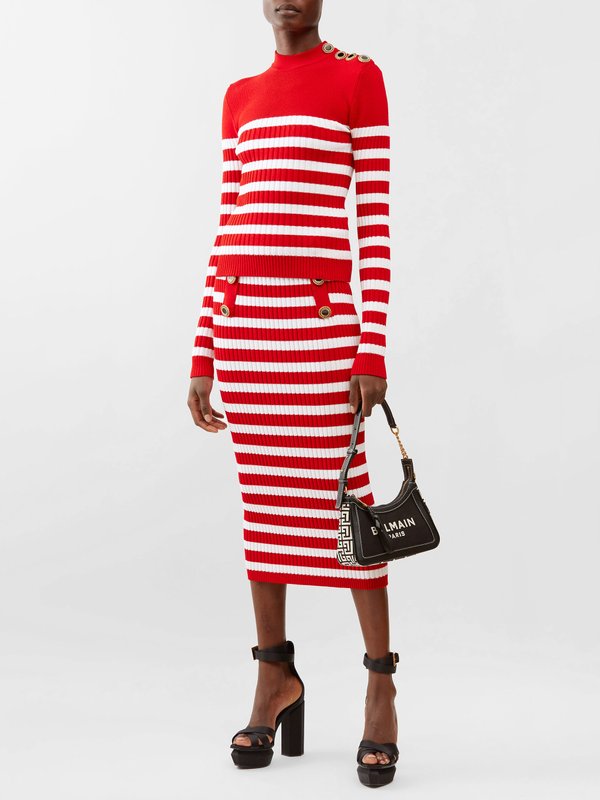 Balmain High-rise striped ribbed-knit midi skirt