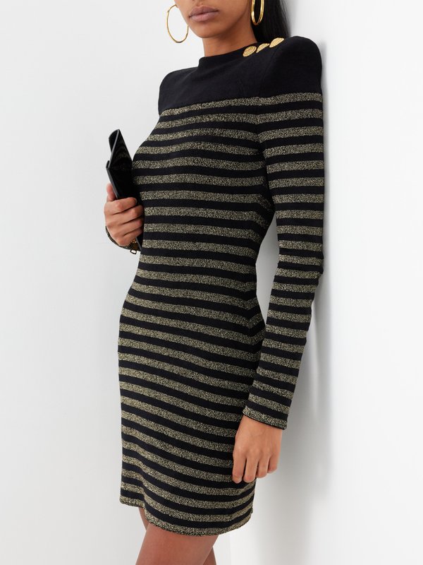 Balmain Button-shoulder metallic-striped knit mini dress