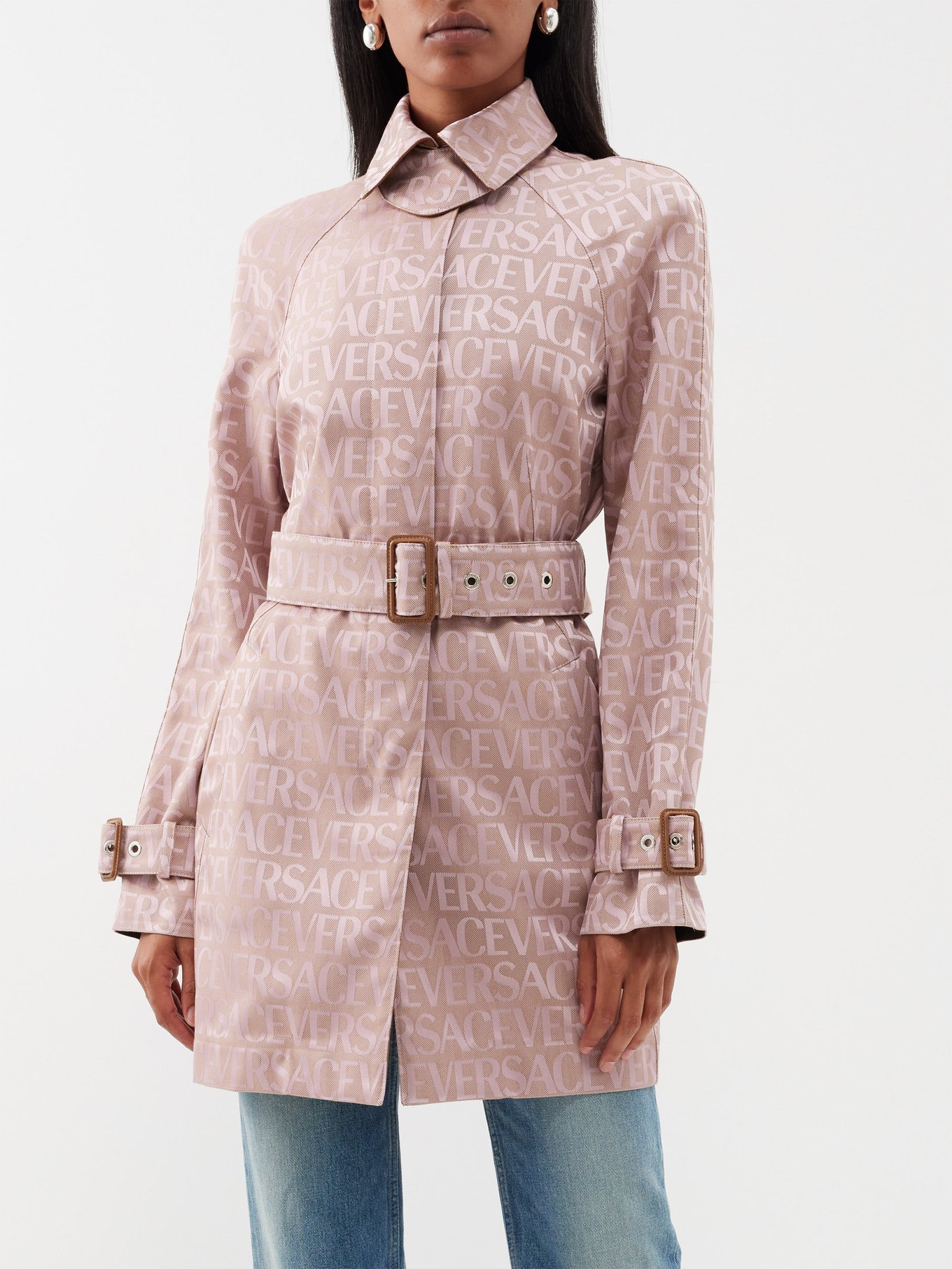 Pink Leather-trim logo-jacquard canvas trench coat, Versace