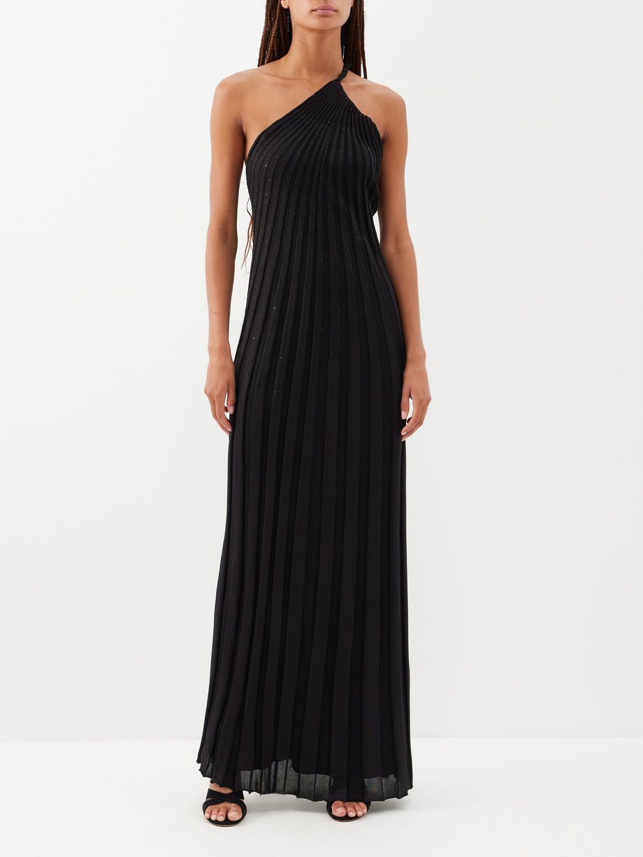 Ralph Lauren One-shoulder crystal and ribbed-knit silk gown