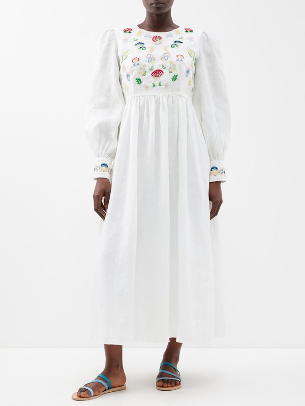 Muzungu Sisters Emma mushroom-embroidered linen midi dress