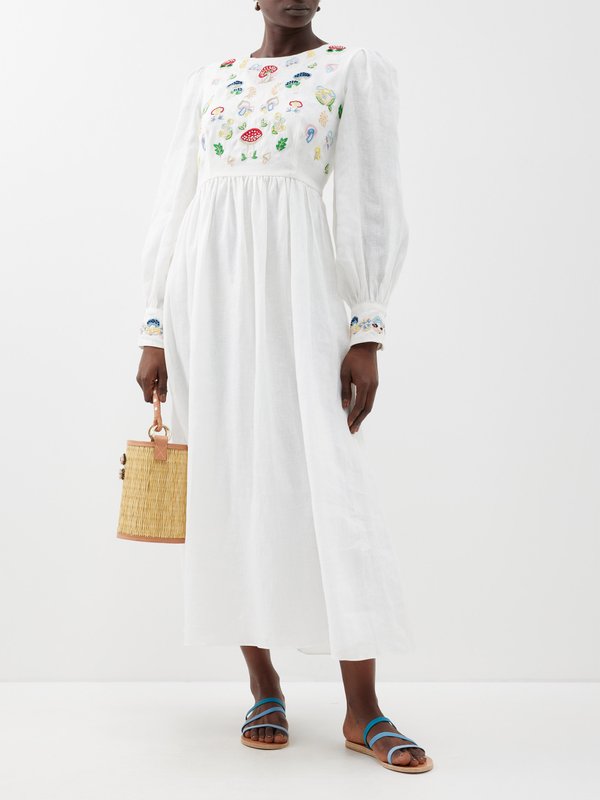 Muzungu Sisters Emma mushroom-embroidered linen midi dress