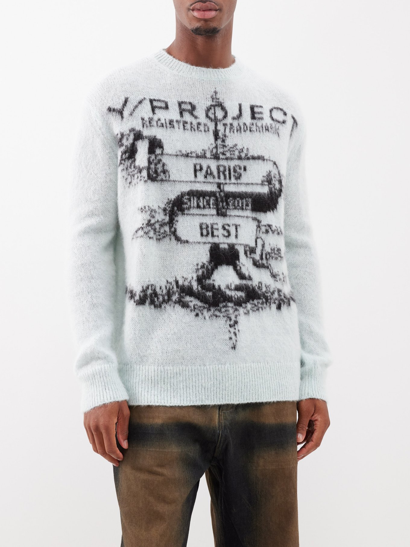 Lardini Gray and Black Jacquard Knit Crew Neck Sweater