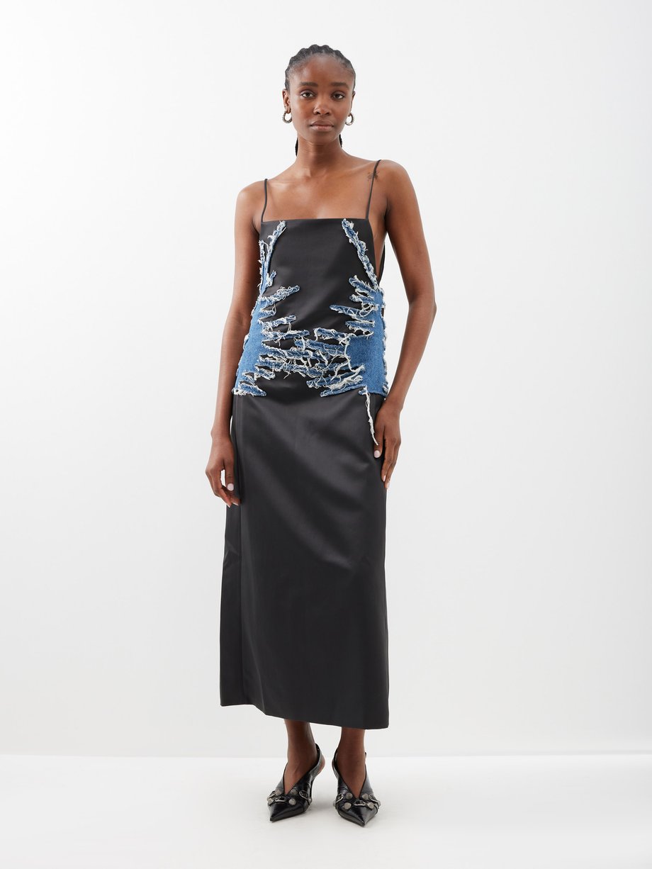Y/Project Denim-embellished satin slip dress