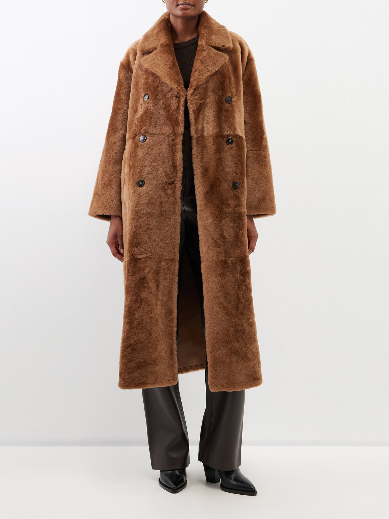 Merino Shearling Double-Breasted Coat - Luxury Brown