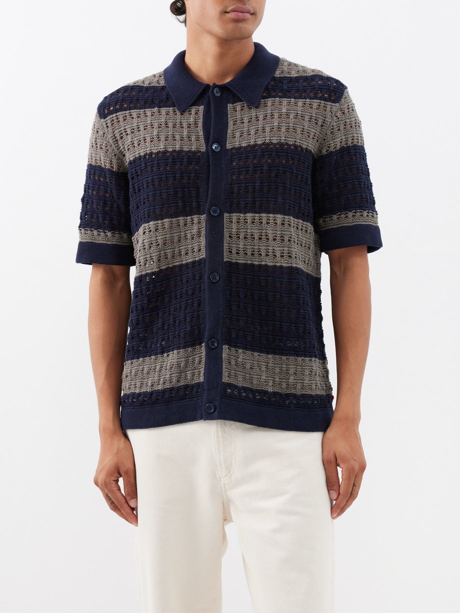 Orlebar Brown Fabien striped cotton-blend crocheted polo shirt